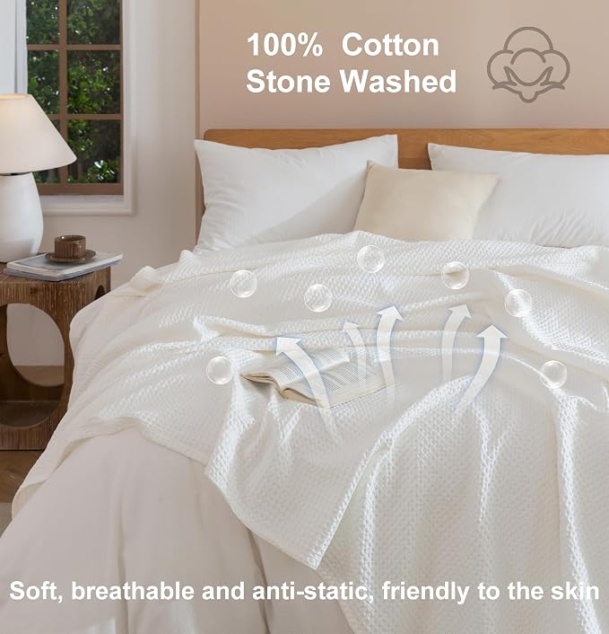 Talasily 100% Cotton Blanket King Size for Bed - Spring and Summer Cooling Lightweight & Breathable Bedding -Soft Waffle Weave Christmas Blanket, Machine Washable,Lvory,108x90 Inches
