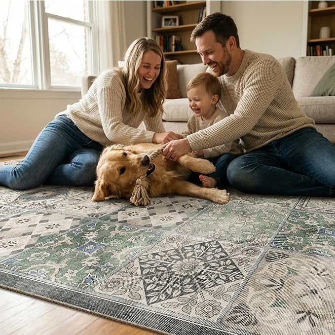 Washable Entryway Rug 3'x5 Non-Slip Backing Vintage Indoor Rug Low Pile Lighrweight Carpet for High-Traffic Indoor Entrance & Kitchen Farmhouse Decor