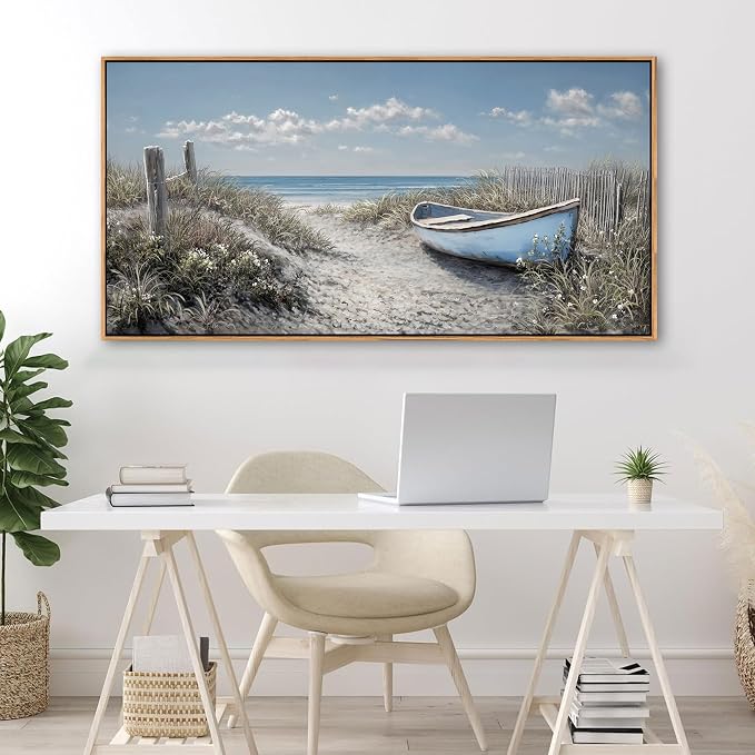 Coastal Wall Art for Living Room Vintage Boat Artwork for Walls, Framed Landscape Canvas Wall Art Blue Ocean Beach Pictures, Farmhouse Sailboat Bedroom Decor Above Bed 24×48IN