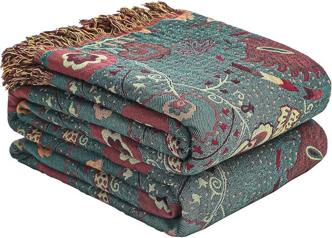 Boho Throw Blanket,Deep Green Floral Fringed Muslin Blanket for Couch,Sofa, Living Room, Bedroom – Lightweight Cotton Tassel Blanket for Summer,Cozy Home Decor,Gifts for Father,50"x60"
