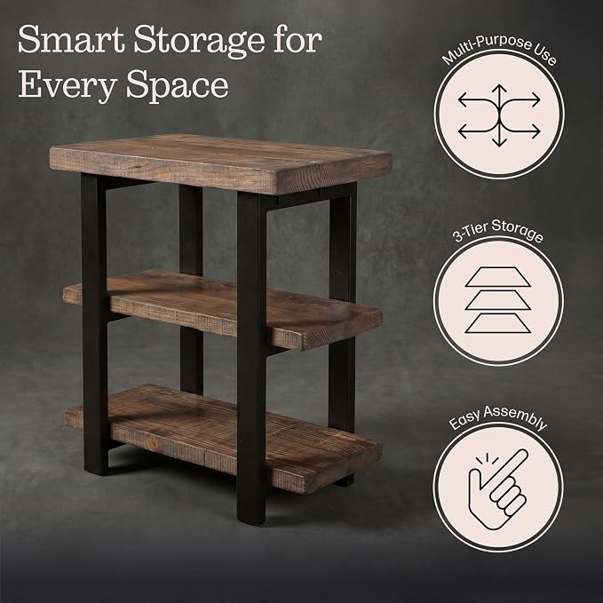 Alaterre Furniture Pomona Solid Wood 3-Tier End Table, Rustic Brown, 20” | Small Side Table or Nightstand with Storage Shelf and Metal Legs, Rustic Farmhouse Chair Side Table for Living Room & Bedroom