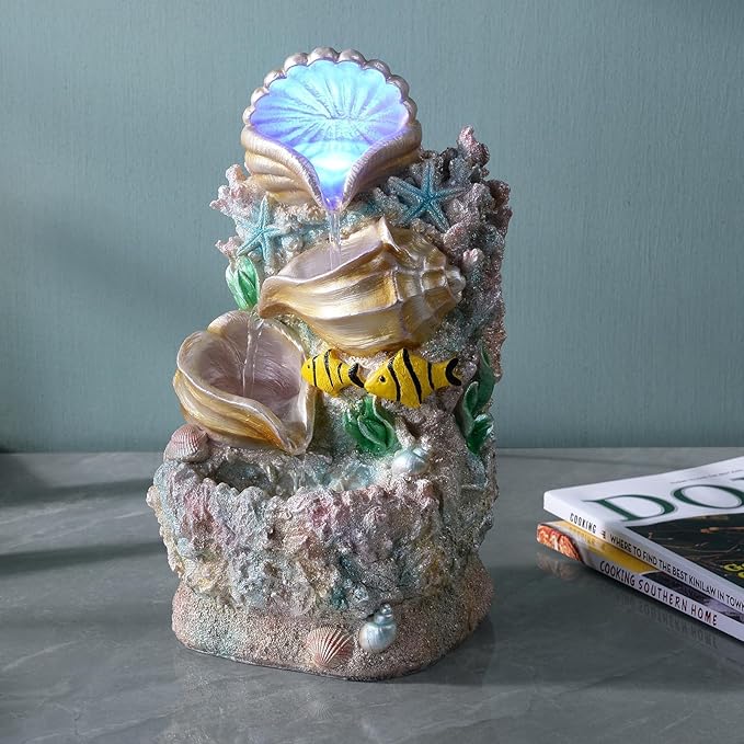 GOSSI Themed Coral Shell Fountain Tabletop Home Décor Indoor Desktop Fountains Perfect for Zen Waterfall Meditation Waterfall Decor Fountain with LED Lights(23037)