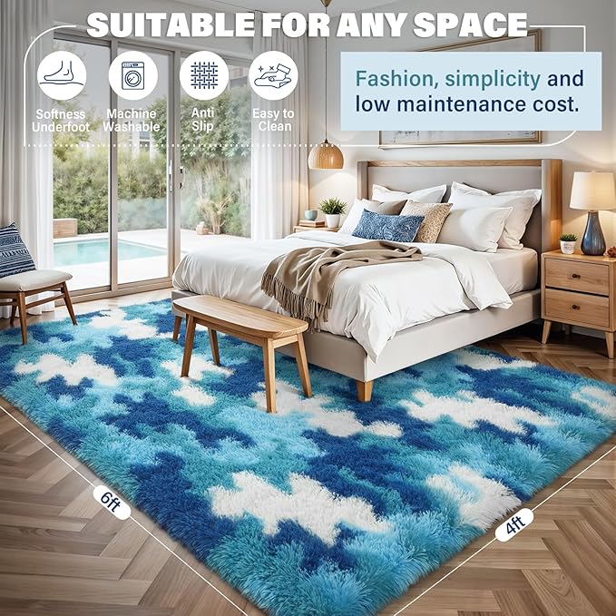 AROGAN Soft Fuzzy Kids Rugs for Girls Room Playroom 4x6 Feet, Fluffy Cute Colorful Princess Carpet for Kids Teens Nursery Toddler, Bedroom, Camouflage Blue and White