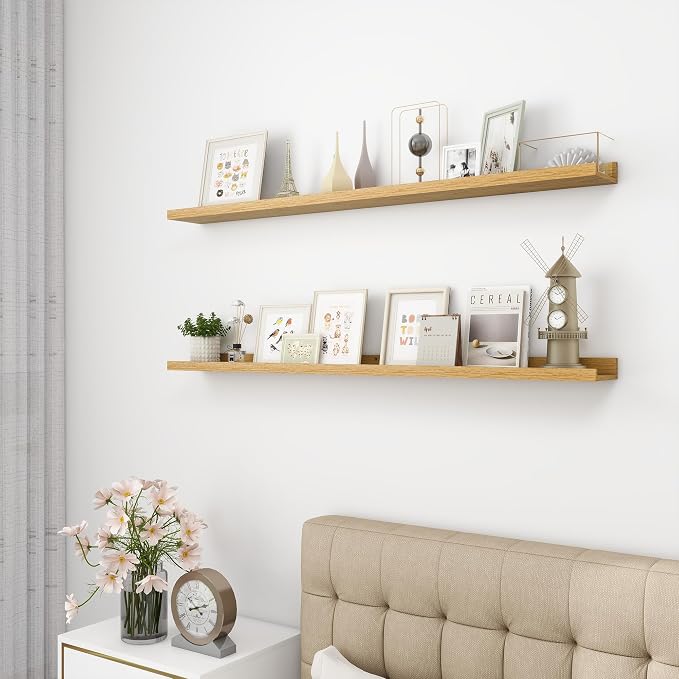 Acovy Picture Ledge Shelf, Wood Long Floating, Set of 2, 48 inch, Oak | Wall Mounted, For Photo Display, For Nursery Book Storage, For Living Room Kids' Room Bedroom