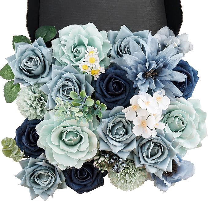 Artificial Flowers Combo Box, 28PCS Fake Flowers, Silk Flower Mix with Wire Stem, DIY Wedding Bridal Bouquet for Arrangement, Shower Party Home Décor, Dusty Blue & Sage Mix