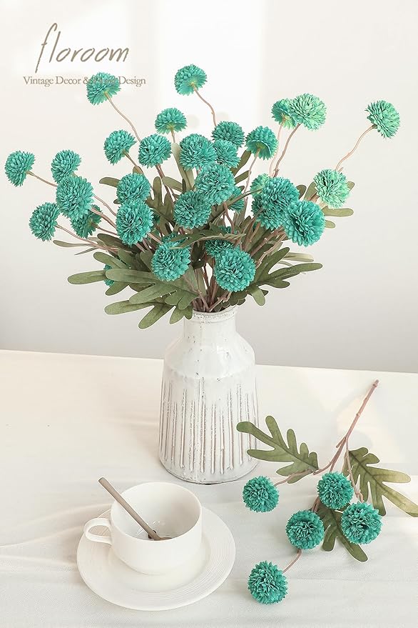 Floroom 5pcs Teal Green Faux Silk Mums Artificial Flowers, Bulk Fake Small Mini Chrysanthemums with Stems for DIY Wedding Centerpieces Floral Arrangements Vase Fillers Home Decorations