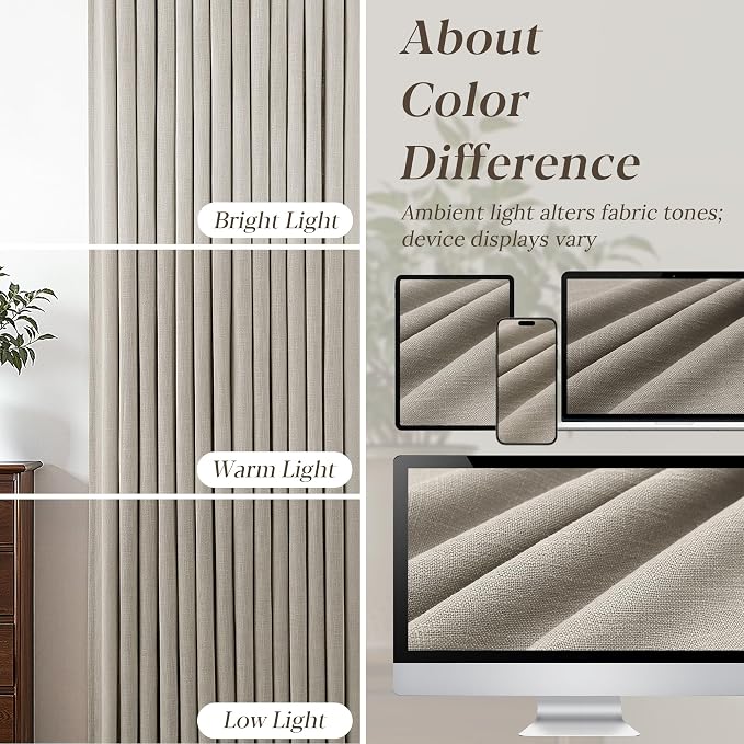Grey Beige Pleated Linen Curtains 108 Inch Length 2 Panels Set Semi Sheer Light Filtering Tan Brown Window Drapes for Living Room Modern Viral Pinch Pleated Curtains 108 Inches with Hooks Rings Clips