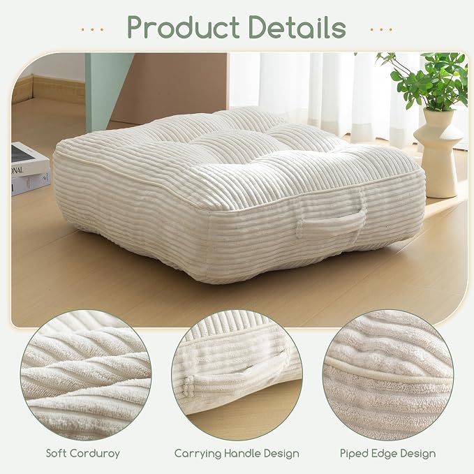 HIGOGOGO 6" Extra Thick Floor Pillow Cushion for Adults, Meditation Cushion Pillow, Large Square Floor Sitting, Tufted Corduroy Cover, for Tatami Living Room or Yoga, 22x22 Inch, Beige