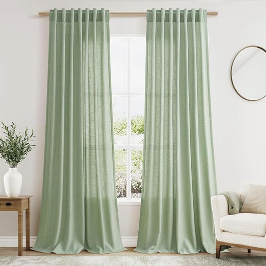 Nanspring Mist Sage Linen Curtains Semi Sheer 96 Inches Long 2 Panels Set for Living Room Back Tab Rod Pocket Light Filtering Drape for Bedroom Modern Farmhouse Coastal Decor Protect Privacy 52x96