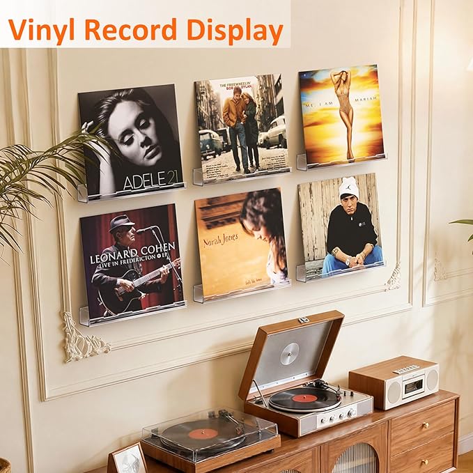 Optish 12 Pack Vinyl Wall Mount Shelf, 12" Vinyl Record Holder, Clear Record Shelf Display and Storage, Acrylic Shelves for Wall, Nursery, Living Room, Bedroom
