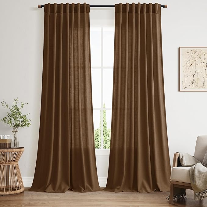 Tobacco Brown Linen Curtains 108 Inches for Living Room Bedroom Extra Long Back Tab Curtain Vintage Rustic Farmhouse Light Filtering Sheer Drapes Floor to Ceiling Curtain 52x108,2 Panels