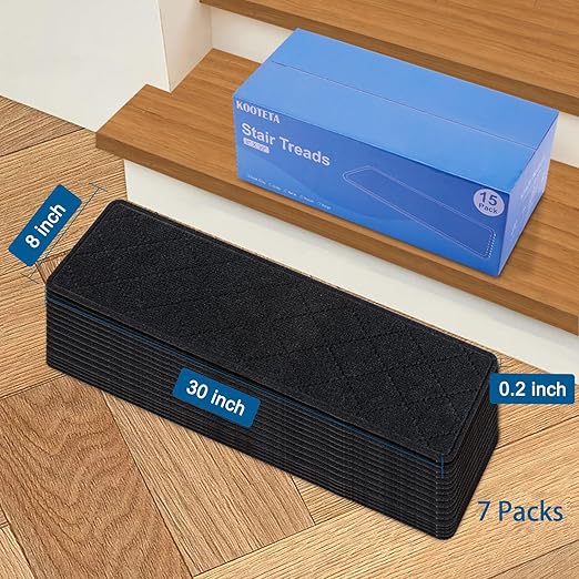 Stair Treads for Wooden Steps Indoor, 7 Pack 8" X 30" Non Slip Carpet Stair Treads with Reusable Adhesive for Kids Elders and Dogs, Surface Polyester TPR Backing Stair Rugs,Black