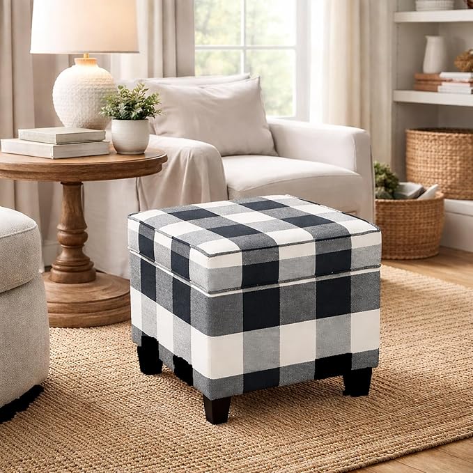 HomePop Home Decor | K7342-F2262| Classic Square Storage Ottoman with Lift Off Lid | Ottoman with Storage for Living Room & Bedroom, Black Plaid Large