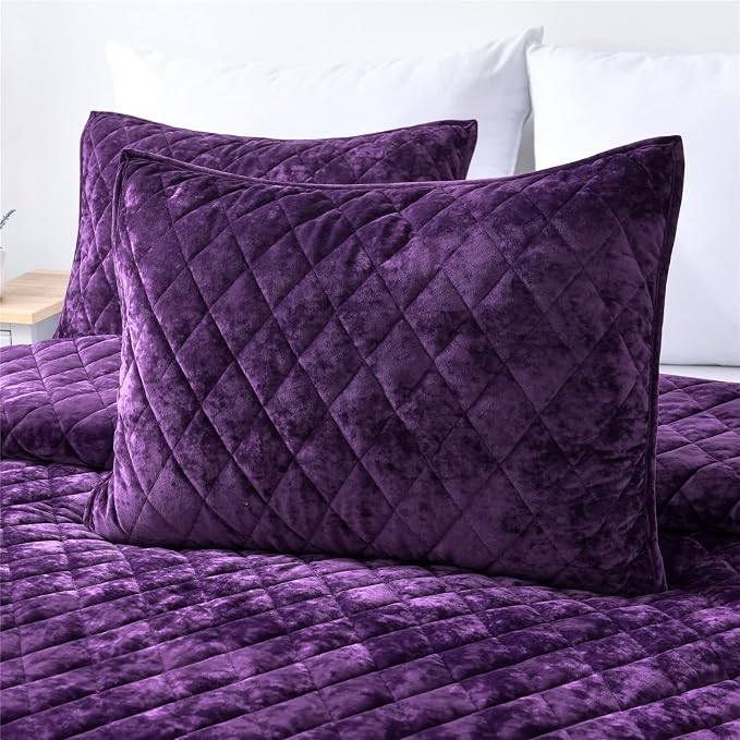 Fredsure Distressed Velvet Quilt Set, 3 Pieces Purple King, Distressed Velvet Face and Brushed Microfiber Reverse, with Diamond Quilting