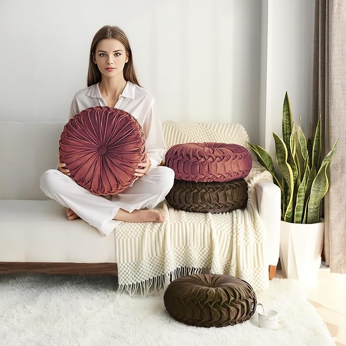 HIG Set of 2 Decorative Round Pleated Throw Pillows,Classy Accent Pumpkin Throw Pillows with Center Button,Vintage Velvet Floor Pillows for Sofa Vanity Chair Bed,Chocolate,14.5" Diameter(Ripple)