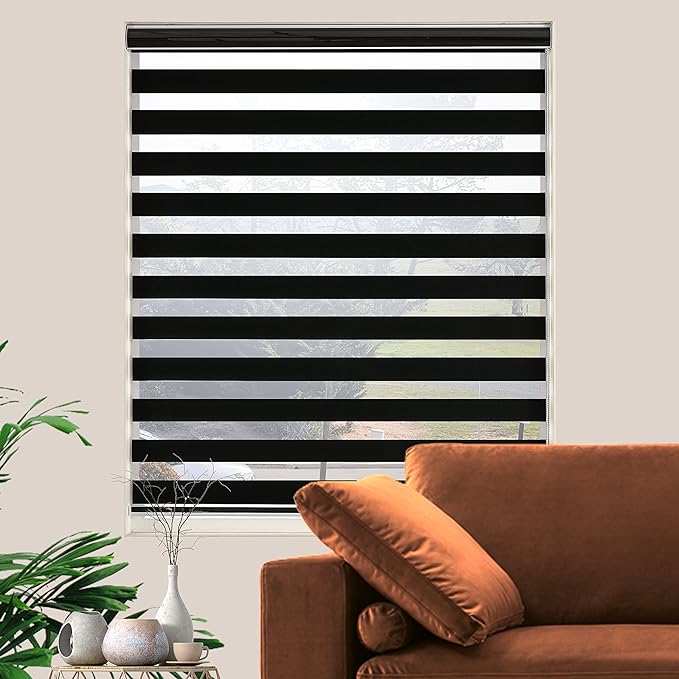 Blackout Zebra Blinds, Dual Layer Free-Stop, Room Darkening Zebra Shades, Blinds for Indoor Windows, Light Filtering Privacy Sheer Shade for Home(55" W X 72" H, Black)