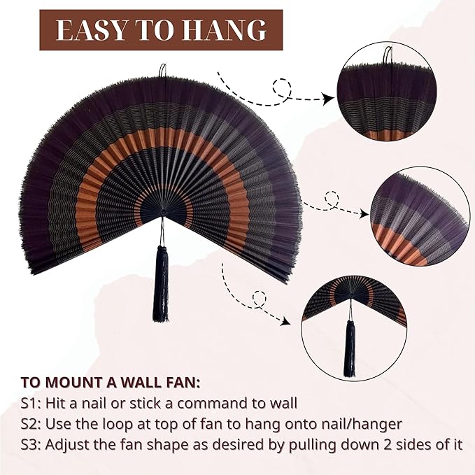 ChumDecor Fan Wall Decor, Large Bamboo Fans for Boho Hanging Headboard, Decorative Folding Fans for Over Bed, Asia Trending (Ebony 40inch)
