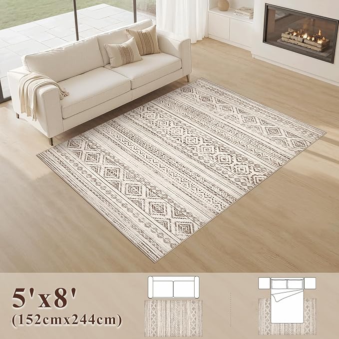 cotiled 5x8 Area Rug Living Room: Washable Boho Rugs with Non Slip Backing Large Soft Indoor Stain Resistant Carpet for Bedroom Farmhouse Dining Room Lightweight Home Decor Dark Brown