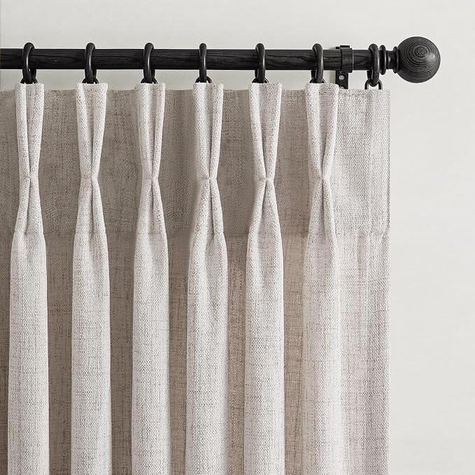 Greyish Brown Pinch Pleated Sliding Door Curtains 84 Inches Long 4 Panels Set, Memory Trained Pleat Flax Linen Light Filtering Semi Sheer Cottage Core Windows Curtain & Drapes with Hooks Rings Burg