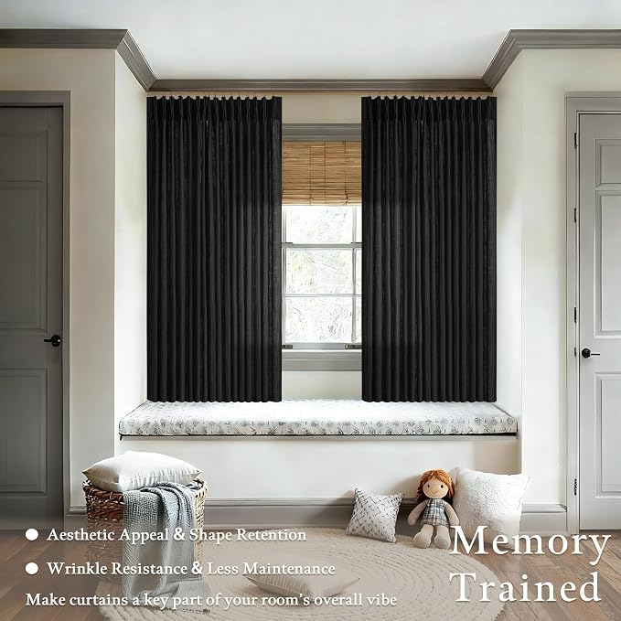 Black Linen Semi Sheer Curtains 63 Inch Length 2 Panel Set for Kitchen Dining Small Windows Pinch Pleated Boho Linen Light Filtering Curtains Privacy Pinch Pleat Back Tab for Living Room Bedroom