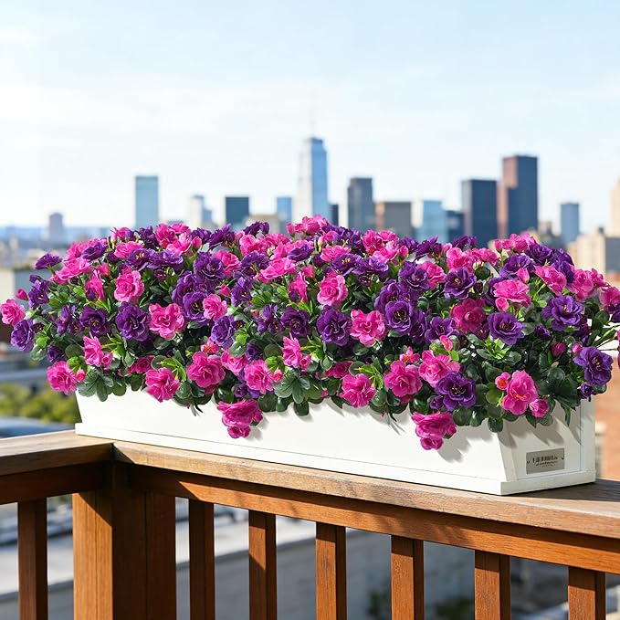 Artificial Faux Outdoor Flowers Plants for Spring Summer Decoration, Fake Silk Camellia UV Resistant Look Real for Planter Outside Front Door Porch Patio Balcony, 3 Large Bundles (Purple+Fuchsia)