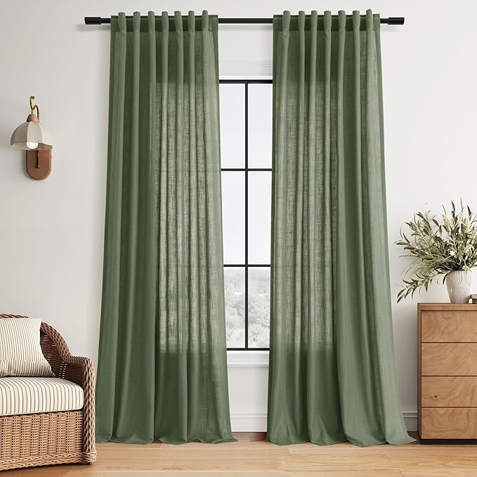 Nanspring Forest Green Linen Curtains 102 Inches Long for Living Room Light Filtering Semi Sheer Curtain Back Tab and Rod Pocket Wabi Sabi Boho Decor Drapes for Bedroom Office 52x102, 2 Panels