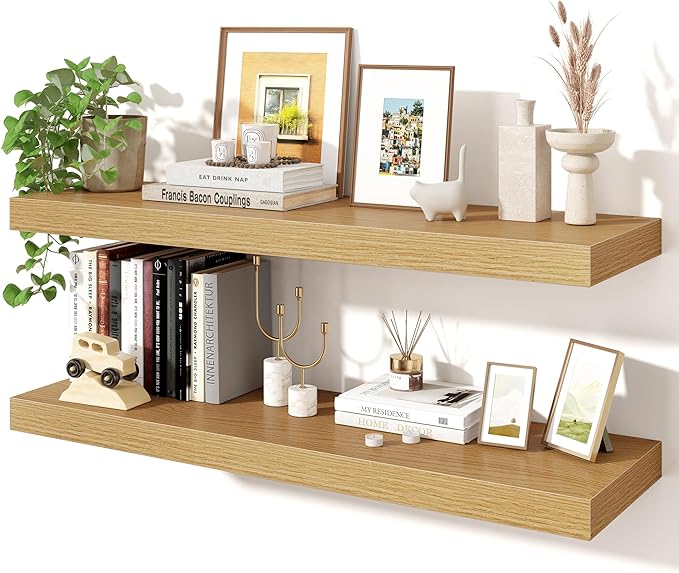 Axeman 36Inch Floating Shelves for Wall, 2 Pack Shelves for Bedroom, Bathroom, Kitchen, Hanging Wall Mounted Rustic Wood Shelf with Invisible Brackets for Books Decor, Oak