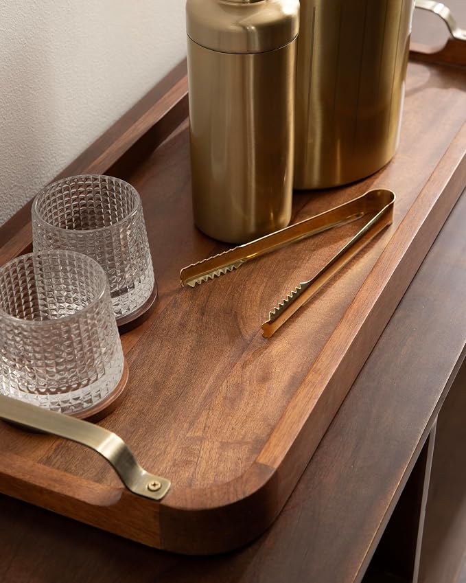 Kate and Laurel Farson Modern Decorative Wood Rectangle Tray with Handles; 10 x 24; Walnut Brown and Antique Brass; Transitional Rectangular Tray for Use as Entryway Tray Decor or Ottoman Serving Tray