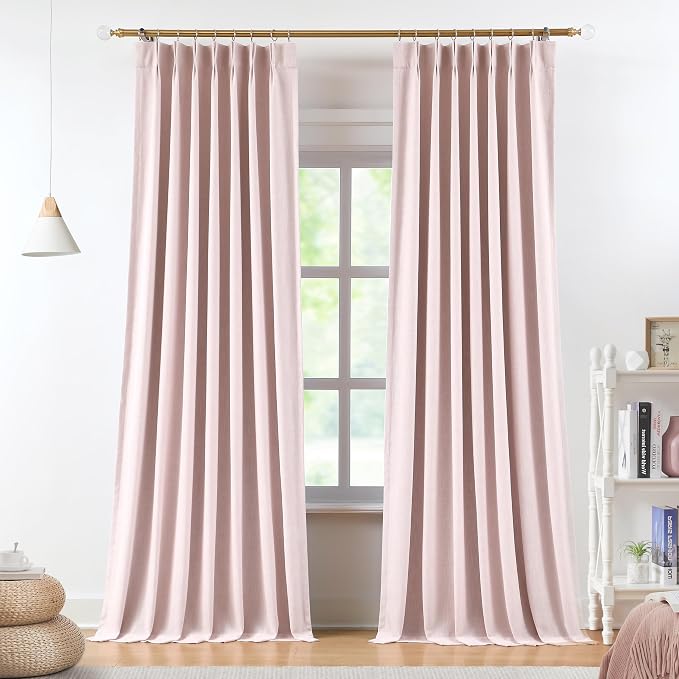 Vision Home Soft Pink Pinch Pleated Full Blackout Curtains Linen Blended Room Darkening Curtain Panels 72 inch for Living Room Bedroom Thermal Insulated Pinch Pleat Drapes with Hooks 40" Wx72 Lx2