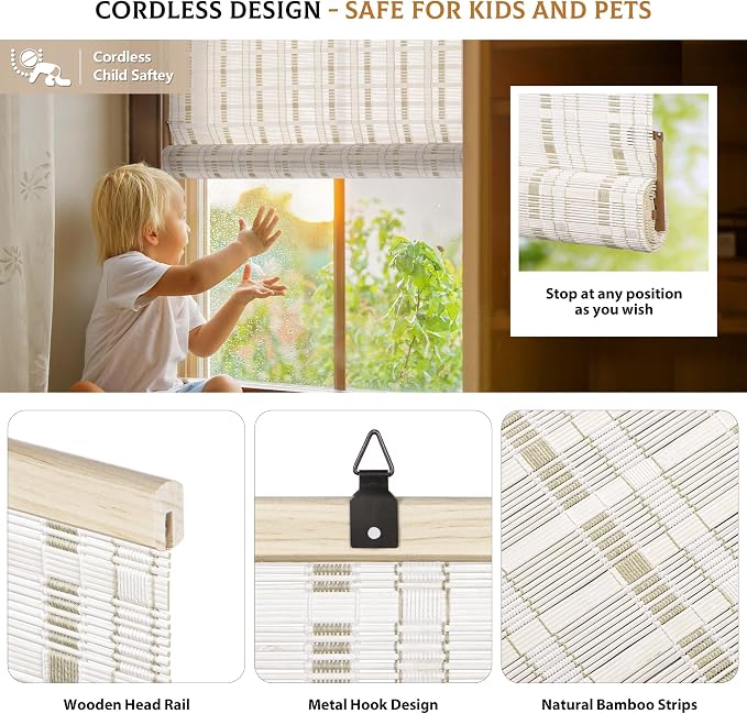 LazBlinds Cordless Bamboo Blinds, 32"x48", Whitewash B | Bamboo Roll Up Shades for Windows, Light Filtering Hanging Window Blinds, Bamboo Shades for Patio Indoor/Outdoor Porch