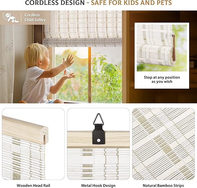 LazBlinds Cordless Bamboo Blinds, 31"x72", Whitewash B | Bamboo Roll Up Shades for Windows, Light Filtering Hanging Window Blinds, Bamboo Shades for Patio Indoor/Outdoor Porch