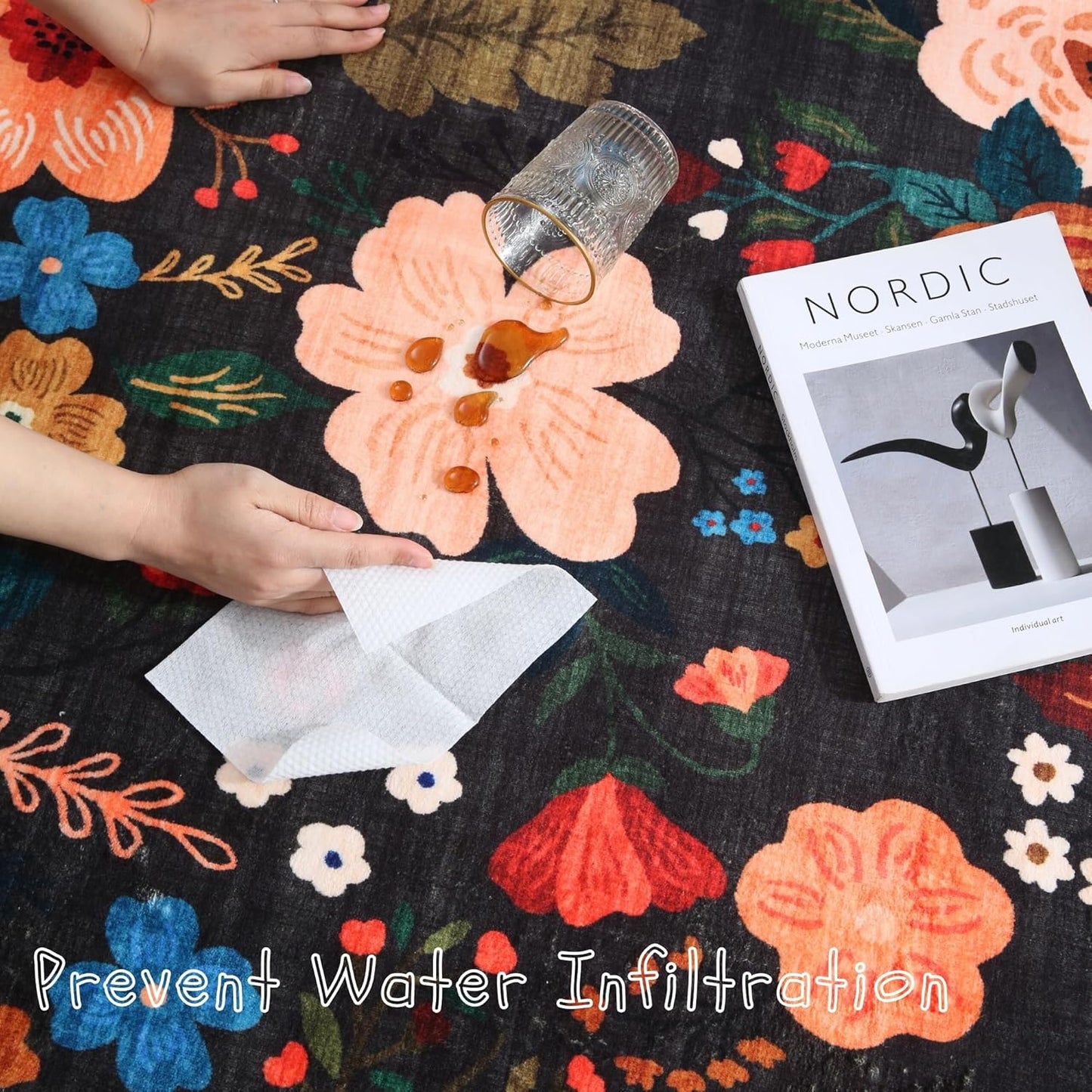 Living Room Rug 6x9 Rug Machine Washable Boho Area Rug Non Slip Floral Vintage Low Pile Large Rug for Living Room, Bedroom, Farmhouse, Dining Room, Kids Playroom(Black)