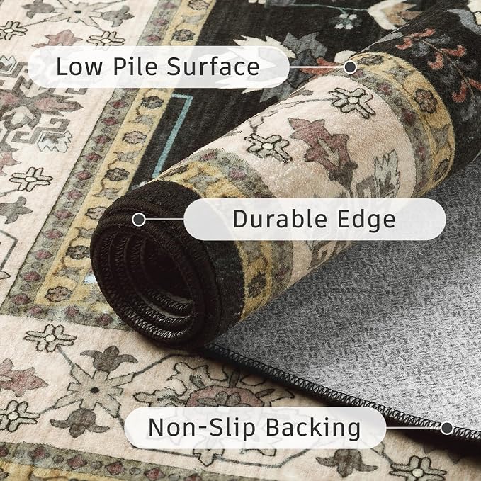 DCX Machine Washable Black Area Rug 9x12, Non Slip Stain Resistant Vintage Area Rug for Living Room Diningroom Bedroom Nursery, Soft Low Pile Large Carpet