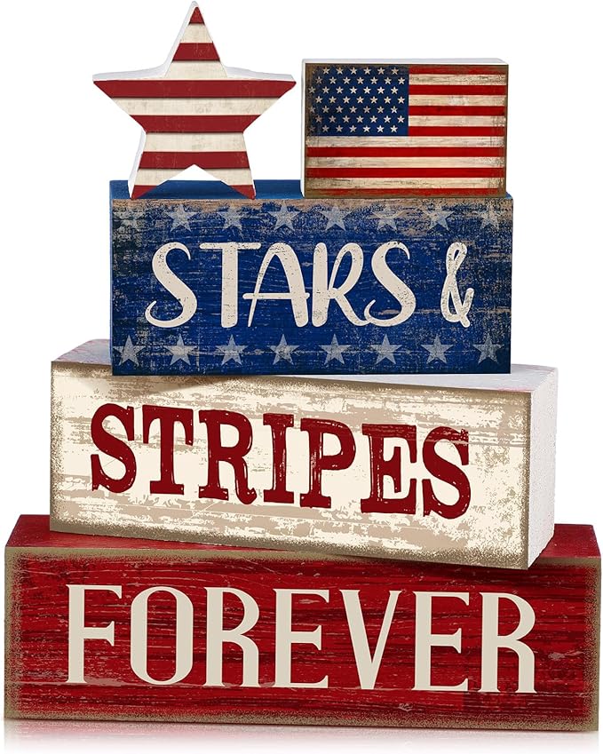 CroBlissful 5 Pcs 4th of July Decorations Patriotic Memorial Day Tabletop Decoration Forever Red White Blue Table Centerpieces Sign for Office Tiered Tray Home Shelf 250th Anniversary