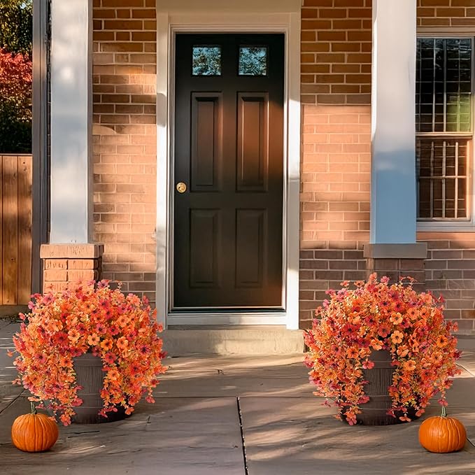ZFProcess Artificial Fall Flowers for Outdoors, 2PCS Silk Fake Flowers Realistic Daisy Mums UV Resistant Porch Patio Window Yard Decor (Fall Orange)