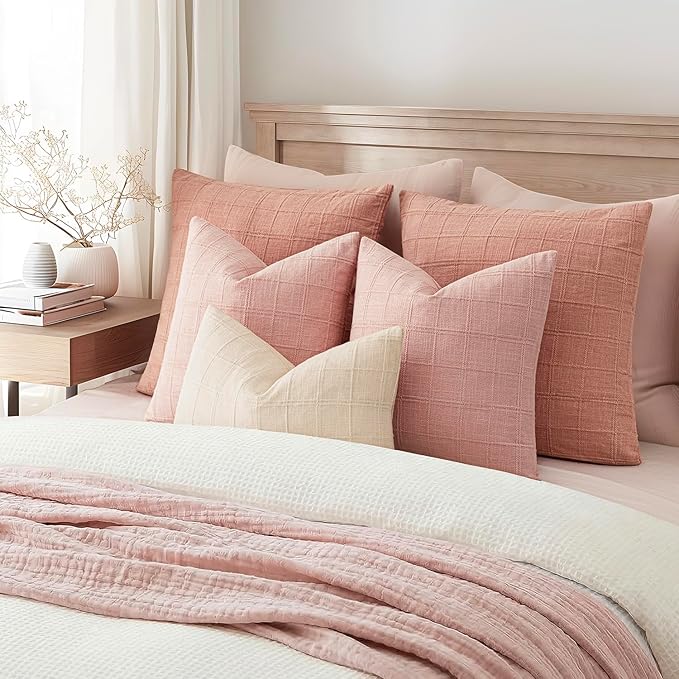 Foindtower Set of 2 Decorative Linen Check Throw Pillow Covers Neutral Farmhouse Vintage Cushion Covers Modern Boho Accent Home Decor for Sofa Chair Couch Bedroom Living Room,22×22 Inch,Light Pink