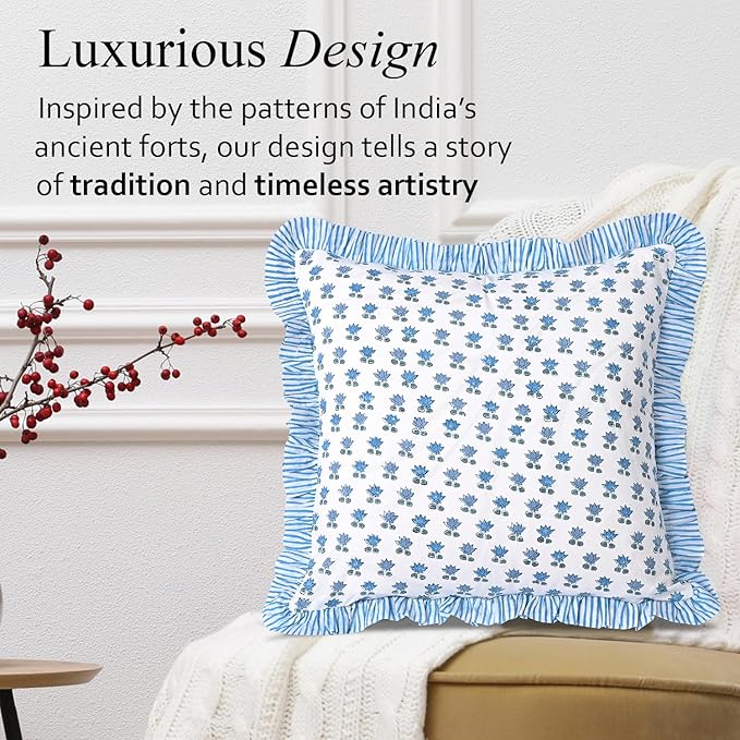 CPC Arctic Blue Hand Block Print 100% Cotton Ruffle Throw Pillow Cover 24x24 inch with Hidden Zipper Decorative for Couch, Bed, Sofa, Farmhouse, Cottagecore Decor Gift Christmas Fall Thanksgiving