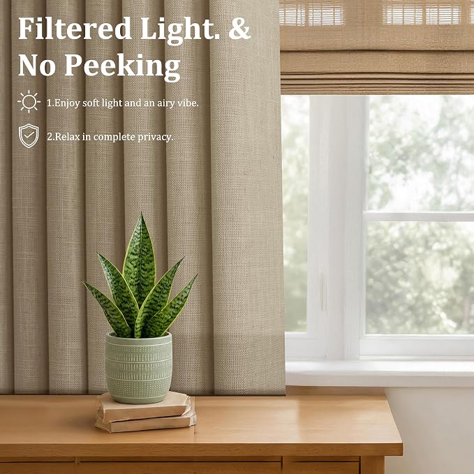 Pinch Pleated Linen Curtains 90 Inch, 2 Panels Premium 400GSM Memory Trained Semi Sheer Light Filtering Window Drapes for Living Room Bedroom Dining, Back Tab & Adjustable Hooks Rings, Grey Beige