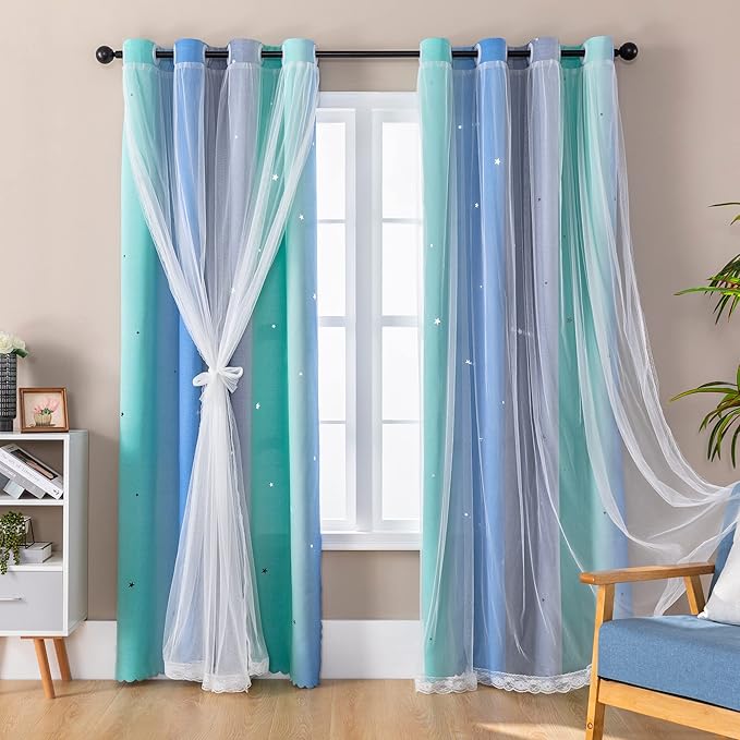 XiDi Curtains for Girls Bedroom Kids Room Unicorn Princess Theme Home Decor 72 inches Length Blue Green Grey, W34 X L72 2 Panels