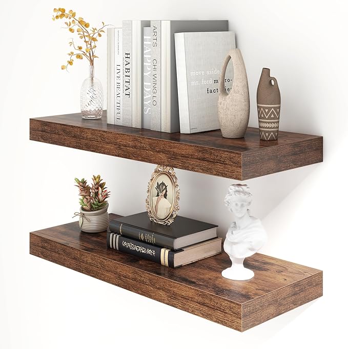 FLYJOE 30'' Brown Floating Shelves, 12 Inch Deep Shelves for Wall Set of 2 | 30'' x 12'' Rustic Brown Wood Shelves for Framhouse Living Room Bathroom Kitchen Laundry Room