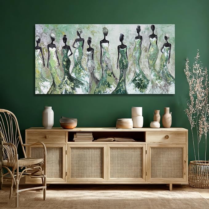 Dolidoteart Green Abstract Figure Wall Art, Black Modern Horizontal Canvas Print for Living Room, Bedroom, Dining Room or Office, Aesthetic Fashion Artwork, 24x48 Inch