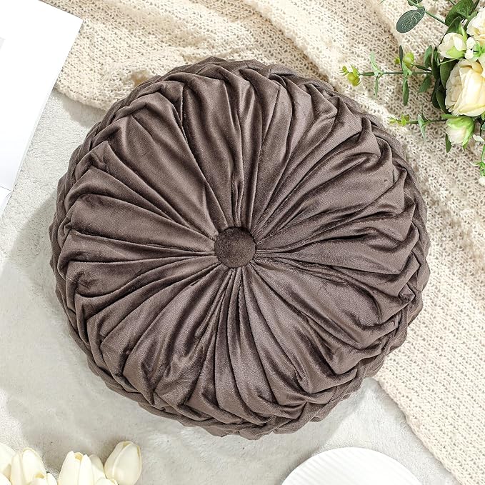 Drydiet 1 Pcs Round Throw Velvet Pillows Decorative Pleated Throw Pillows Diameter Accent Pumpkin Boho Chair Cushion for Couch Sofa Home Decoration (Taupe,15'')