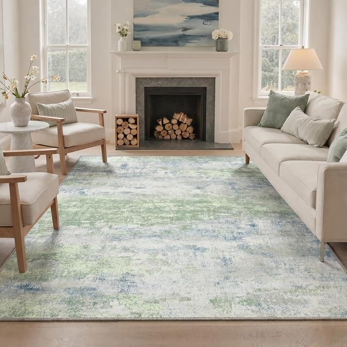 BEIMO Area Rugs 5x7 for Living Room Bedroom, Modern Abstract Machine Washable Rug, Large Soft Low Pile Floor Cover with Non Slip Backing for Dining Room, Light Blue Green