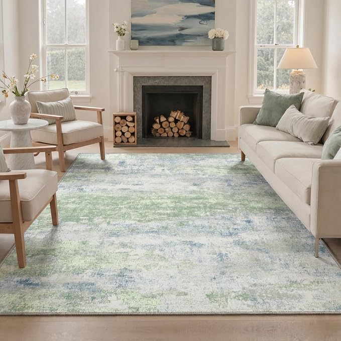 BEIMO 2'6"x6' Runner Rug for Hallway Kitchen, Machine Washable Runners Rug for Entryway, Soft Modern Abstract Throw Rugs, Low Pile Floor Cover with Non Slip Backing, Light Blue Green