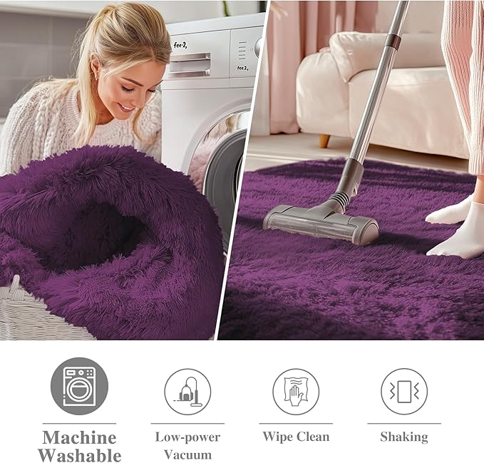 OLANLY Dark Purple Round Rugs for Bedroom - Machine Washable, 6 ft Circle Area Rugs for Living Room, Soft and Fluffy Shaggy Carpet for Teen Girl and Boys, Nursery Rooms, Dorms, Home Decor Aesthetic