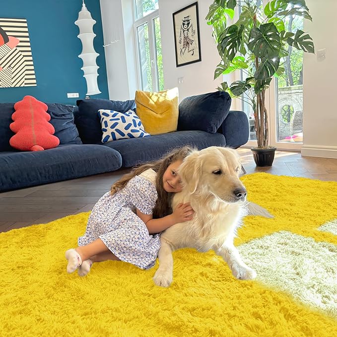 OLANLY 2x6 Machine Washable Runner Rugs for Hallway, Soft Fluffy Shaggy Bedside Rugs for Bedroom, Living Room, Indoor Floor Carpet for Kids Girls and Boys, Nursery Rooms, Home Decor Aesthetic, Yellow