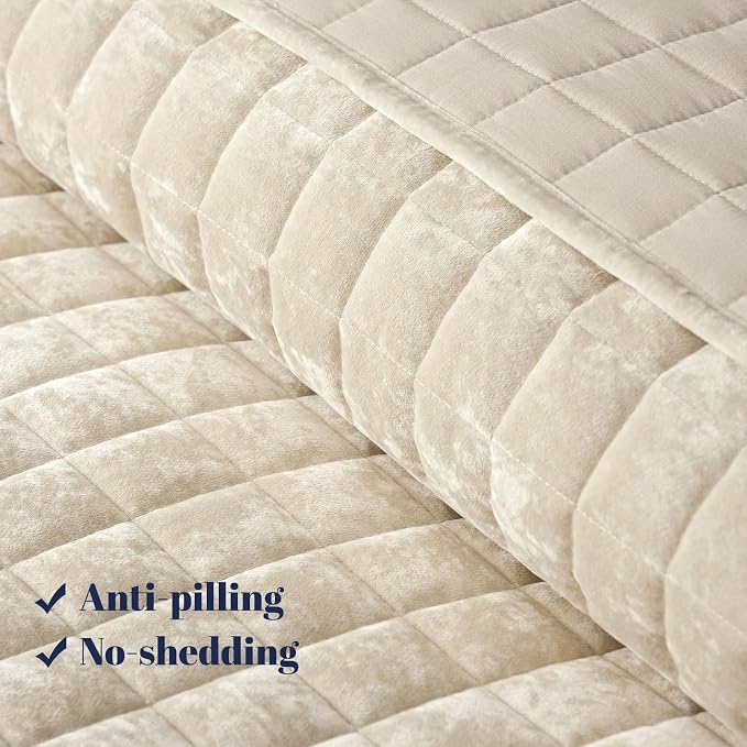 PHF Luxurious Velvet Quilt Set Queen Size – 3PCS Super Soft Quilted Comforter Alternative with Square-Box Quilt Pattern, Warm Quilted Bedspread Coverlet, 90" x 92", Sand