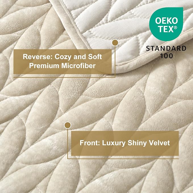Ivellow Luxury Velvet Quilt Set Queen Size Bedding Sets Lightweight Ultra Soft Velvet Comforter Set Leaves Chevron Stitch Oversized Bedspread Coverlet 3 Pcs Full Bed Cover Sets for All Seasons Beige