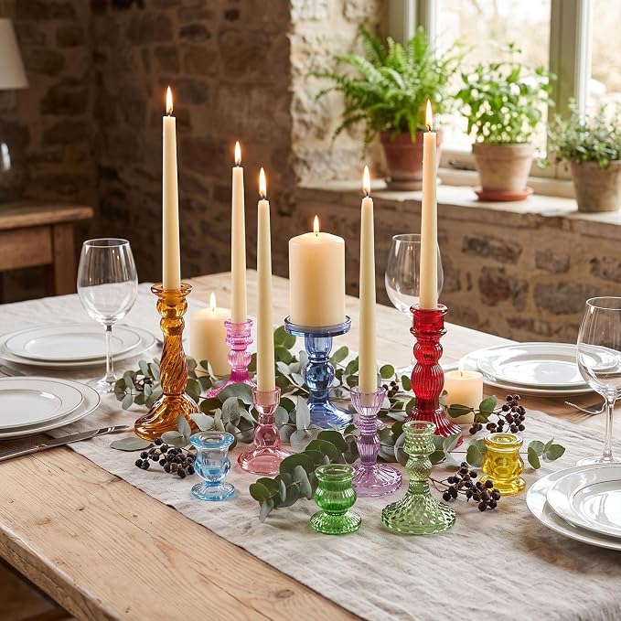 Mumufy 10 Pcs Glass Crystal Taper Candle Holders Clear Glass Candlestick Holder Fit 0.8 Inch Candles Crystal Decorative Candle Stand Centerpiece Table Wedding Dining Party (Classic,Colorful)