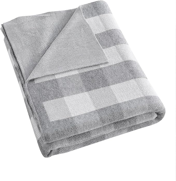 BOV Knit Checkered Throw Blanket - 100% Viscose Silky Super Soft Breathable Lightweight Decorative Throw Blanket for Year-Round Comfort, Perfect Self Care Gifts for Women & Men, Heather Grey 50"x60"
